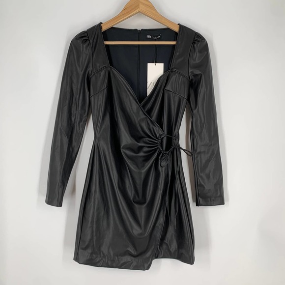 ZARA Faux Leather Wrap Sweetheart Long Sleeve Dress in Black - Picture 9 of 13